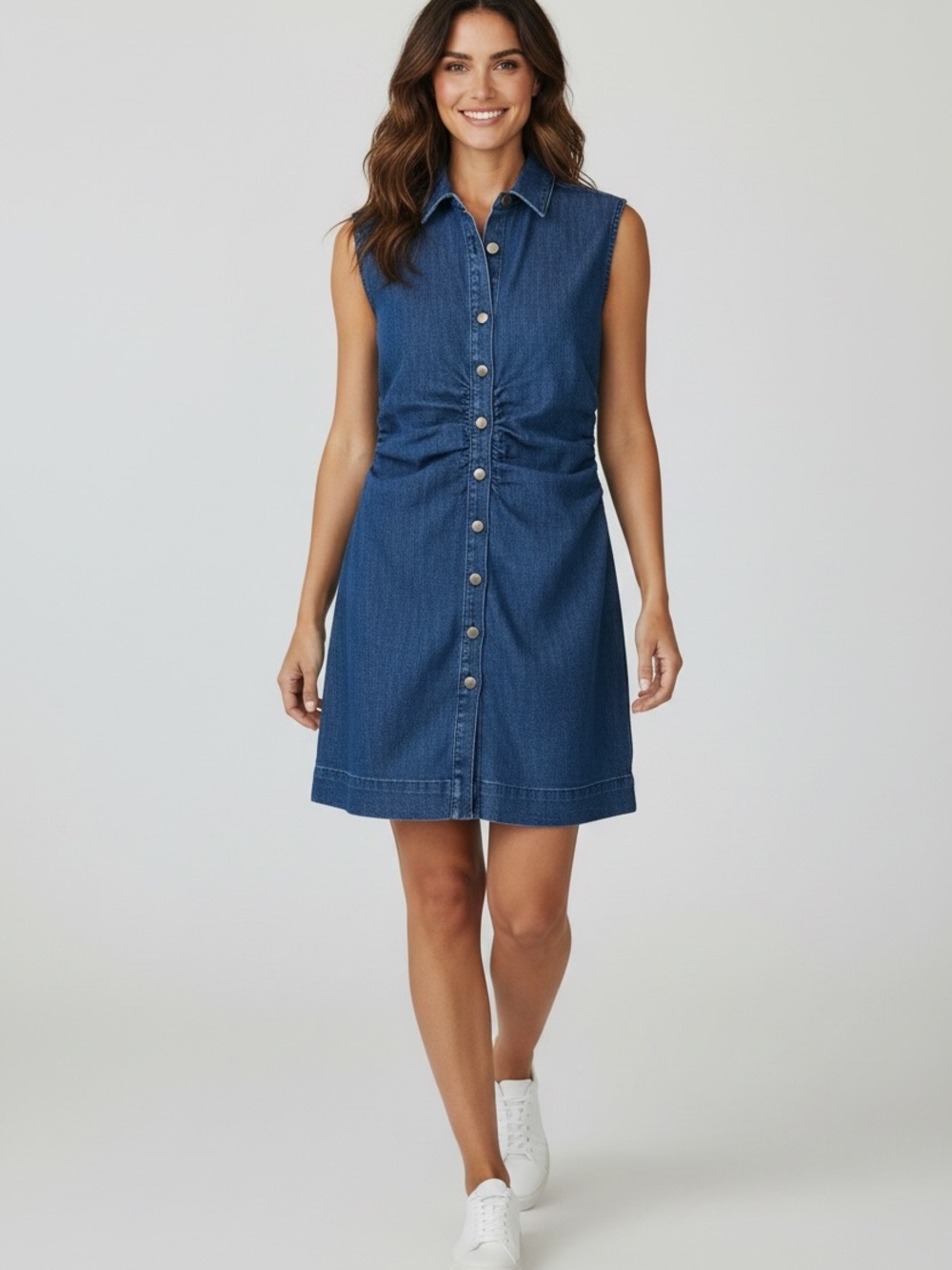 LOFT NWT Denim Ruched Button Front Mini Shirt Dress Size M